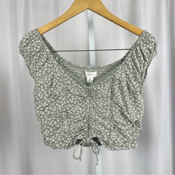 Japna Medium Ciottagecore Smocked Floral Retro Ruched Crop Top Olive Green - Picture 1 of 7